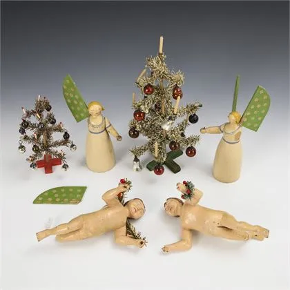 Lot de 2 premiers anges porte-bougies, 2 anges flottants et 2 petits sapins de Noël