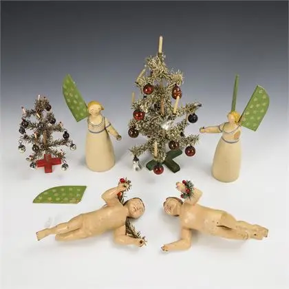 Lot de 2 premiers anges porte-bougies, 2 anges flottants et 2 petits sapins de Noël