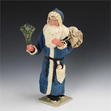 Rare grande boîte de bonbons en Père Noël avec manteau bleu