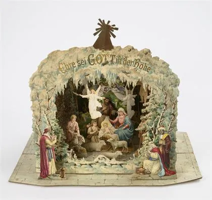 Grande crèche en papier dépliable avec roue de pyramide. Crèche Excelsior, éditeur Carl Hirsch, Constance