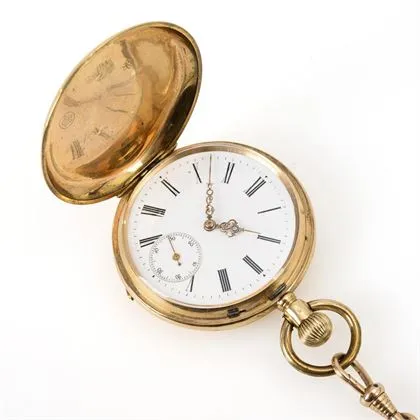 Gouden savonnette met gouden horlogeketting