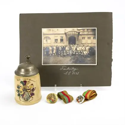 Franconia Jena et Teutonia Gießen : 2 rubans avec insignes, photos, chope