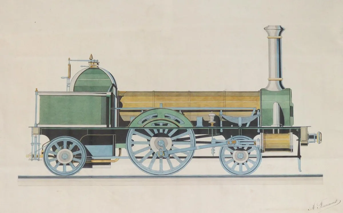 Dampflokomotive. – Aquarellierte Federzeichnung, wohl der "Beuth", Mitte bis 2