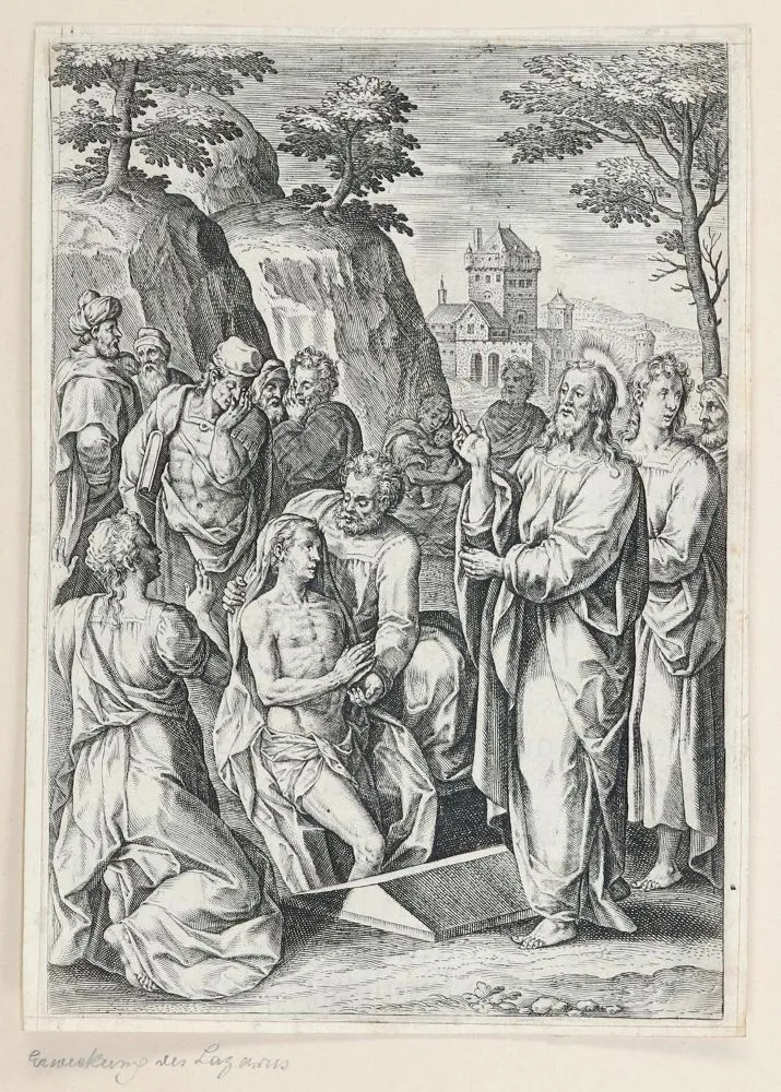 The Raising of Lazarus. – Copper engraving on laid paper (probably 17th c.)