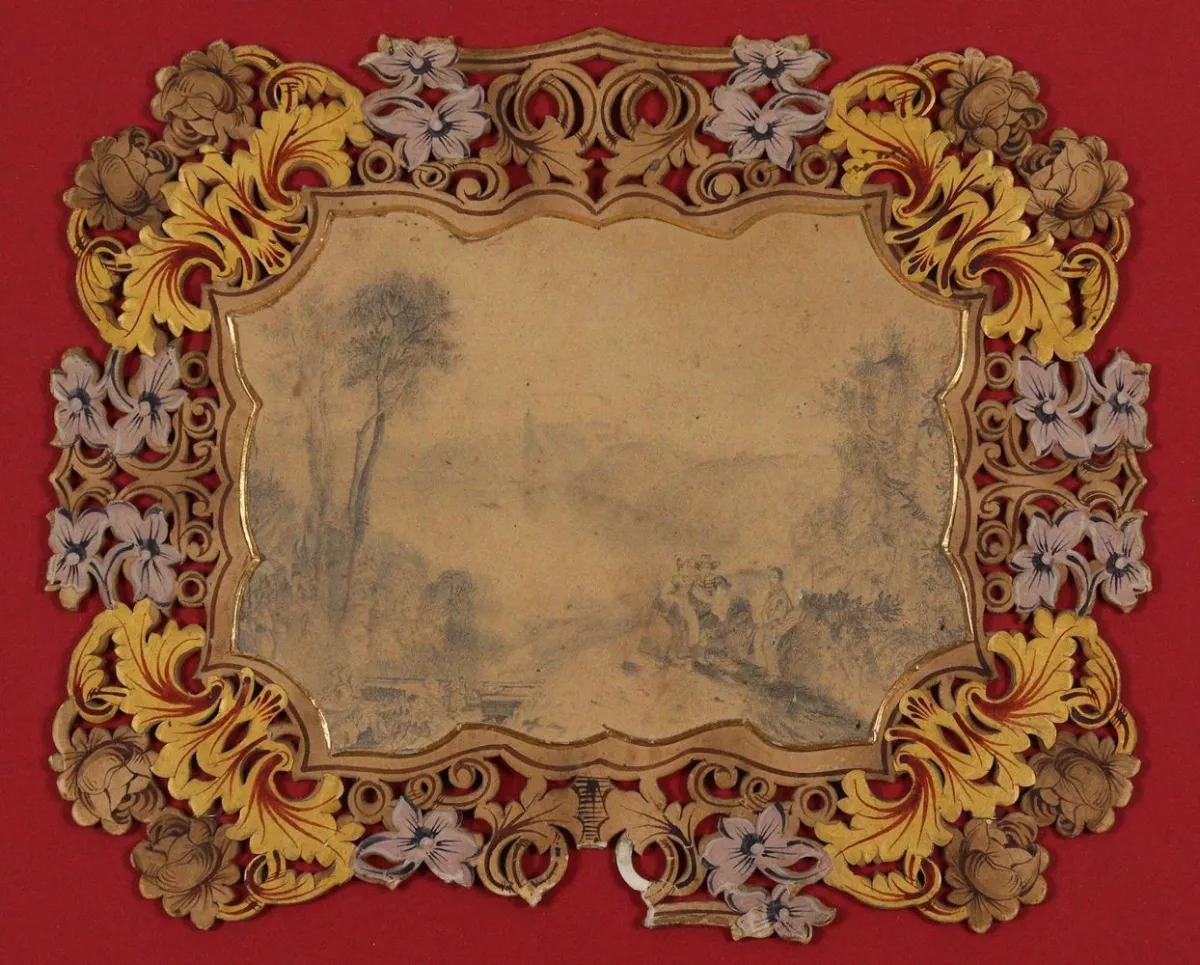 Fireplace fan. – Landscape drawing with staffage figures on wooden fan with floral carving