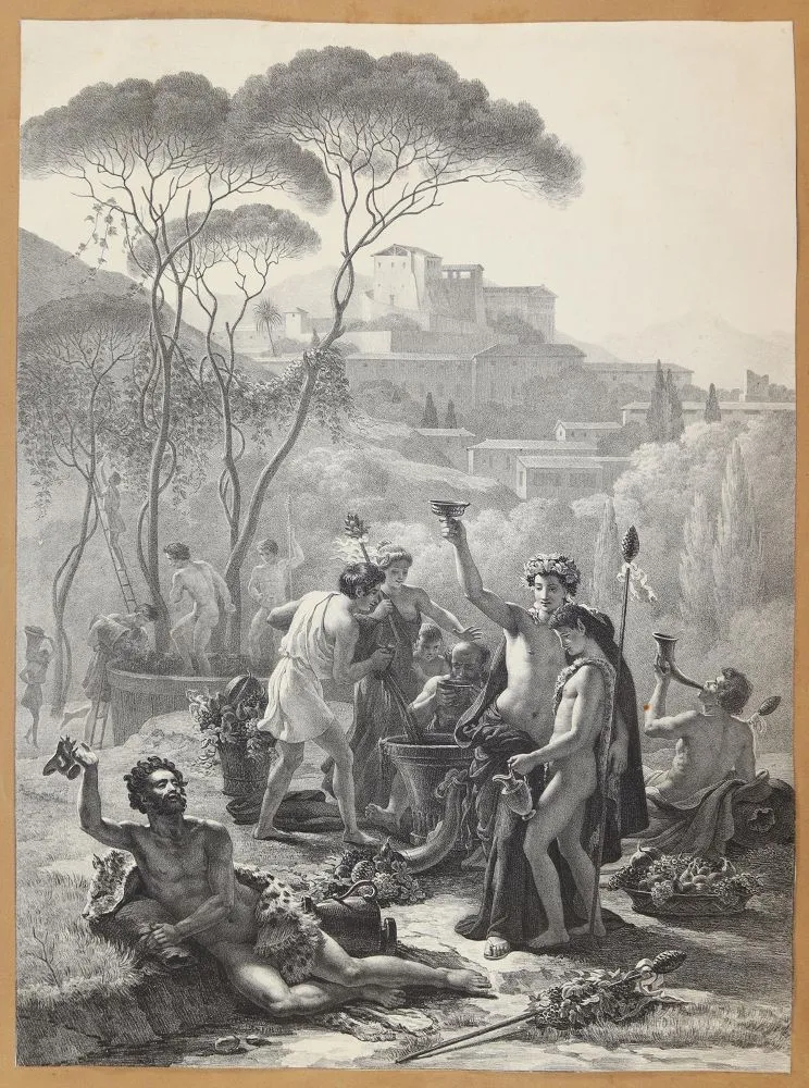 Mythologie. – Bacchanalien mit Weinlese und Traubenpressung