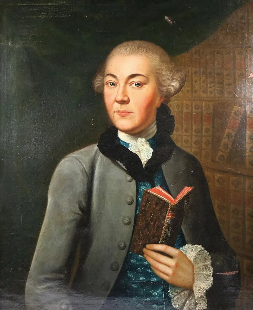 Toussaint, Francois-Vincent. – Portrait, probablement de l'écrivain Francois-Vincent Toussaint, tenant son livre "Les Moeurs" à la main