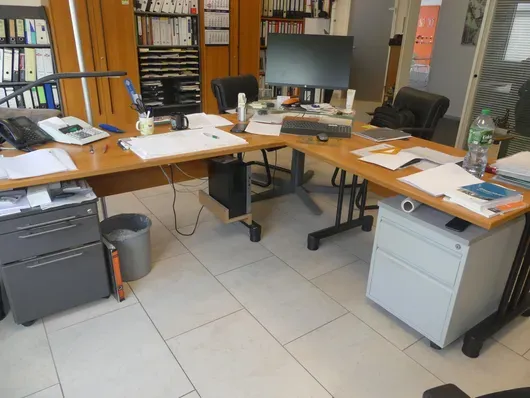 Corner desk & desk container, without contents