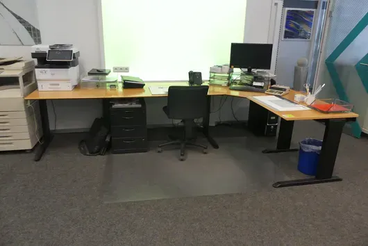 Corner desk & desk container, without contents