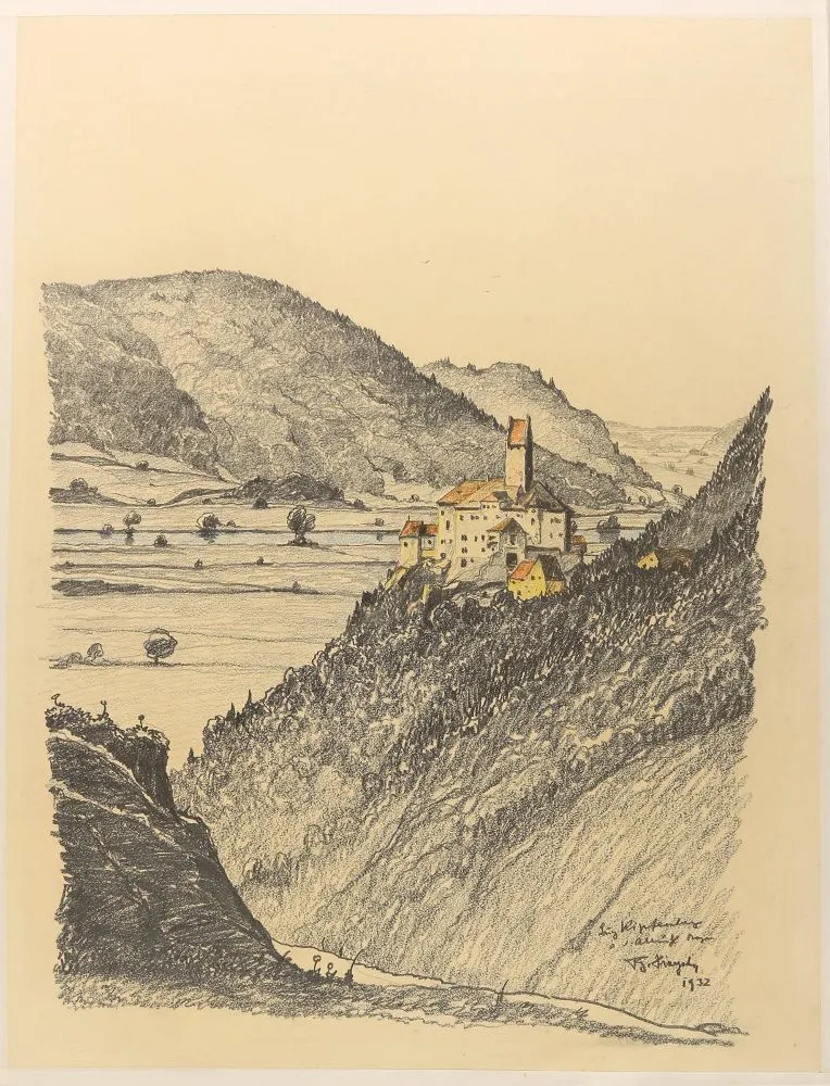 Burg Kipfenberg. – Bleistiftzeichnung mit Buntstift auf Papier