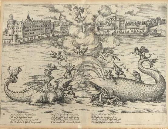 Düsseldorf. – General view over the Rhine with mock battle in the foreground with dragons and whale