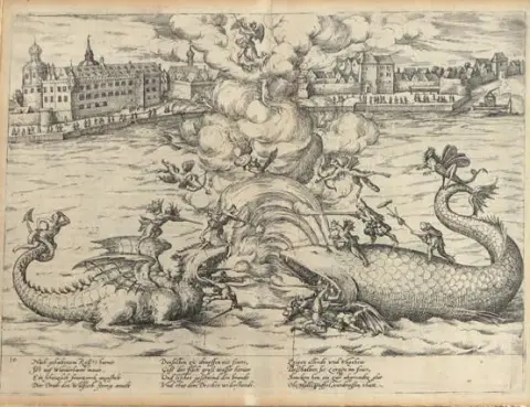 Düsseldorf. – General view over the Rhine with mock battle in the foreground with dragons and whale
