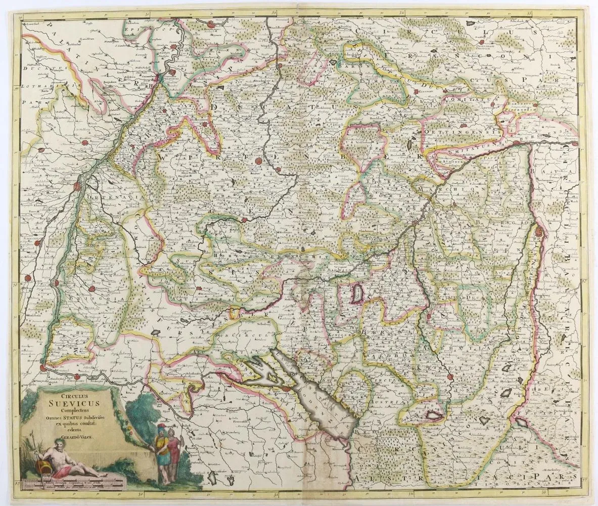 Swabia. – Circulus Suevicus. Old and border-coloured copper map on laid paper by Gerard Valck