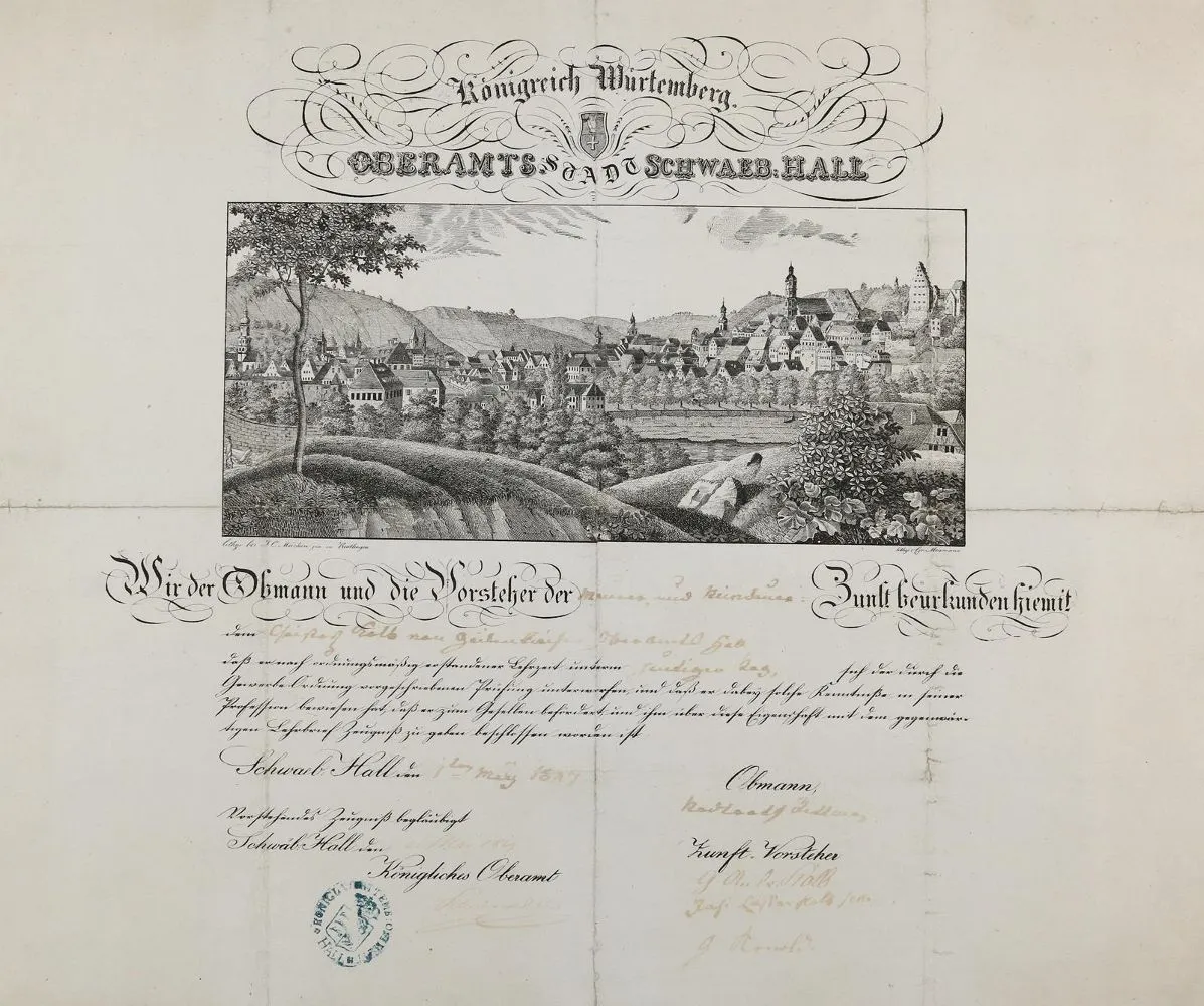 Schwäbisch Hall. – Master's certificate from 1887 of the masons and stonecutters guild