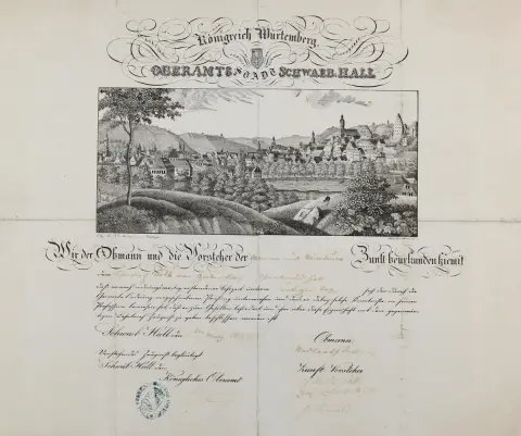Schwäbisch Hall. – Master's certificate from 1887 of the masons and stonecutters guild