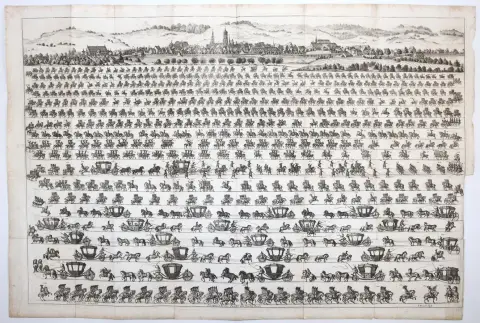 Stuttgart – General view (without title) from the north with Seegassen and Büchsentor (8 cm high), below in 19 rows the procession