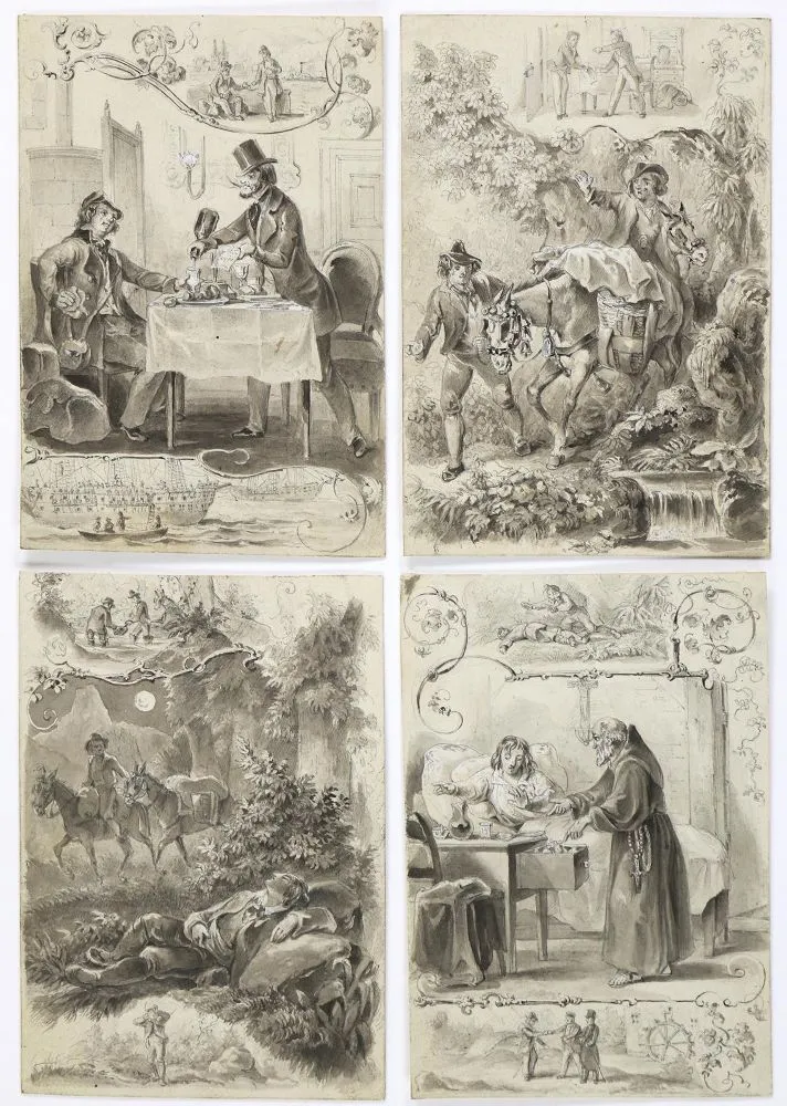 Mayer, Carl – (1798 Nuremberg 1868). 4 dessins originaux pour le récit "Der Goldsucher", aquarelles en grisaille sur crayon
