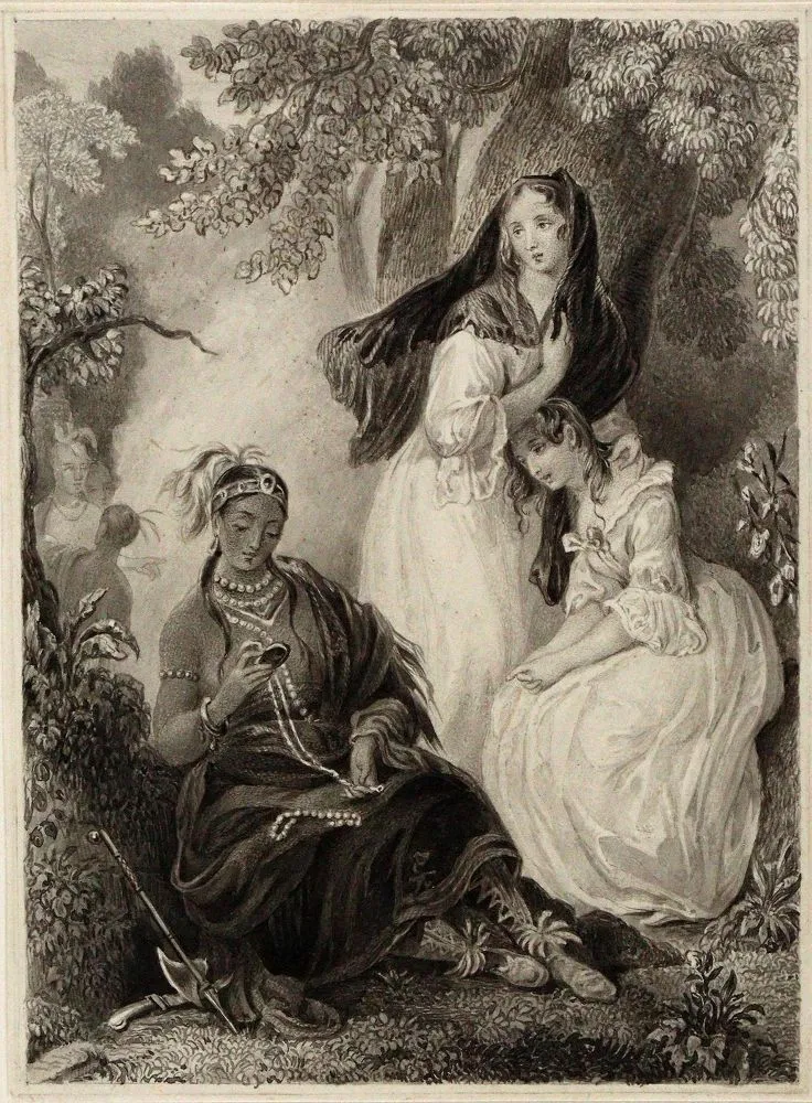 Indiánka v tradičním oděvu. – Ruční kresba Carla Mayera (1789 Norimberk 1868)