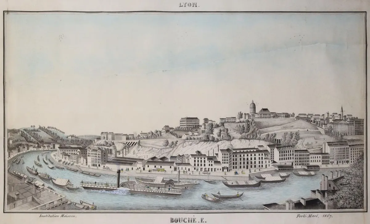 Lyon. – Vue sur la rive opposée avec bateau à aubes