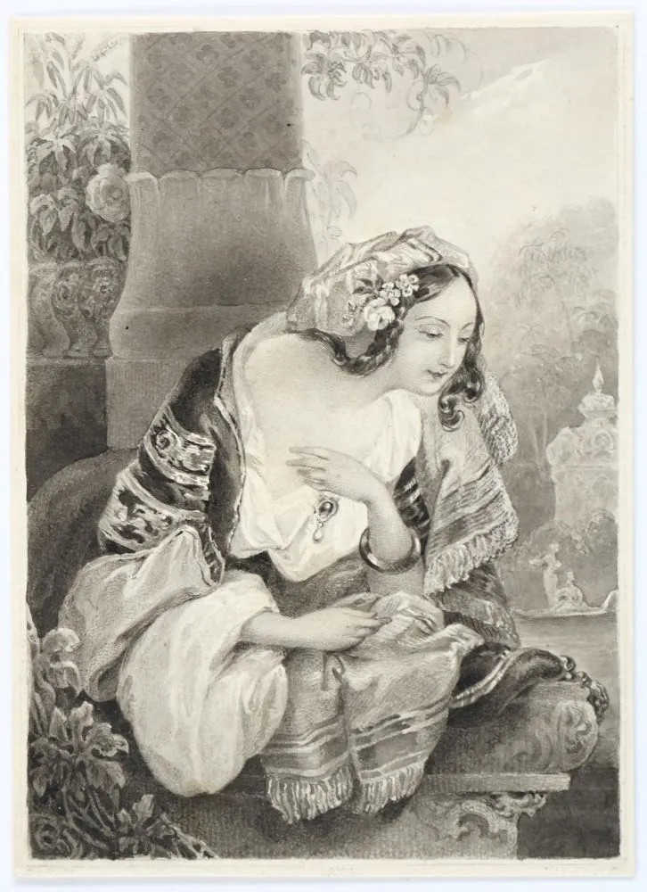 Indka v tradičním oděvu. – Ruční kresba Carla Mayera (1789 Norimberk 1868)