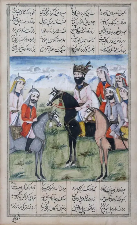 Persian miniatures. – 3 pages, probably from an anonymous copy of the Schanhname, around 1850