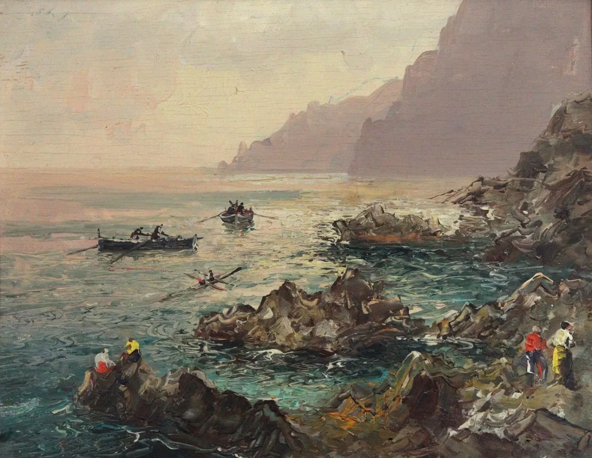Capri. – Rocky coast with rowers