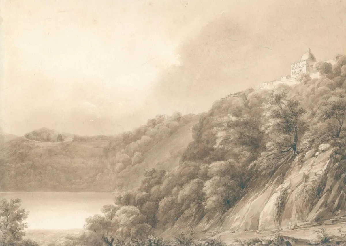 Castel Gandolfo. – Anonymes Grisaille-Aquarell des 19