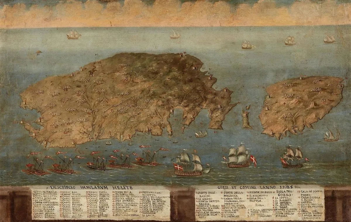 Malte – Vue à vol d'oiseau de Malte, Comino et Gozo, datée en bas