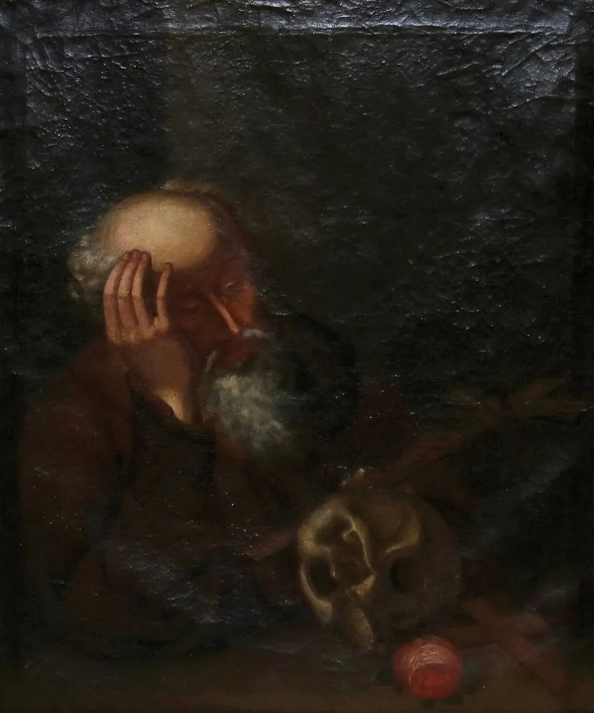 Jerome. – Saint Jerome as a pondering hermit with cross, flower and skull, oil on canvas