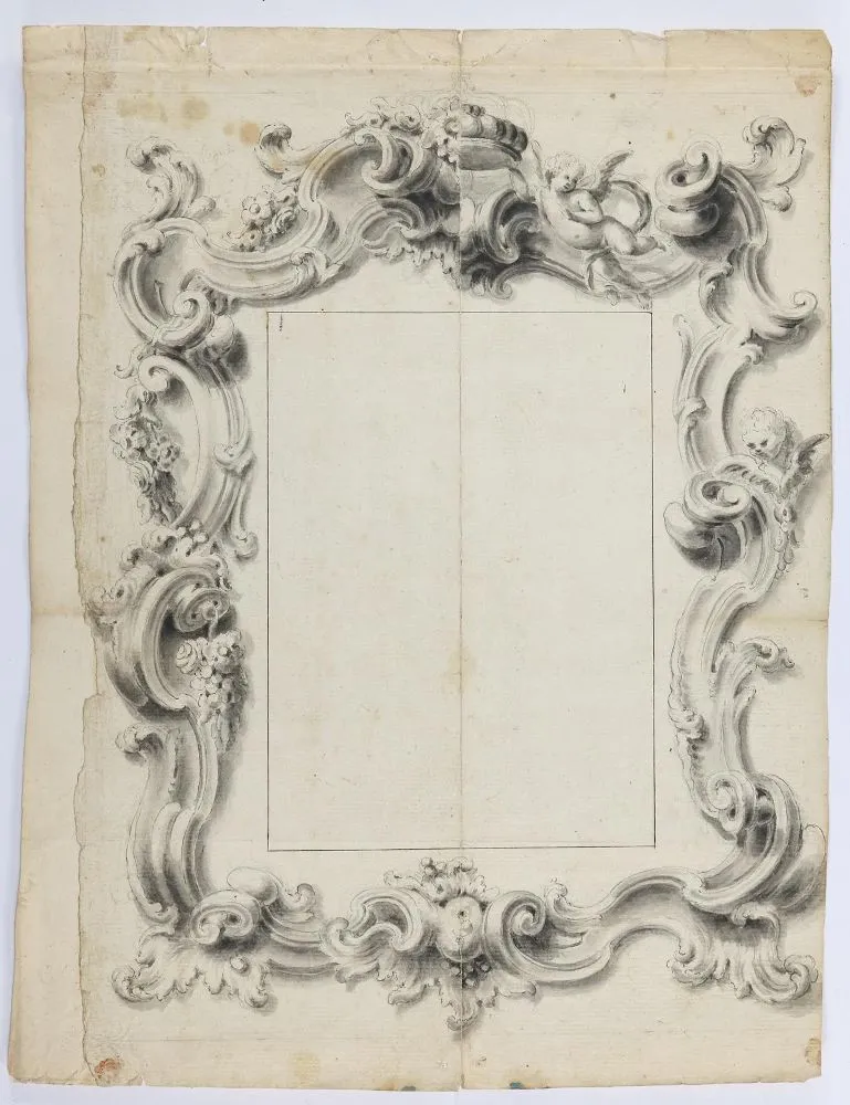 Washed – Ink drawing of a frame decorated with putti and floral tendrils
