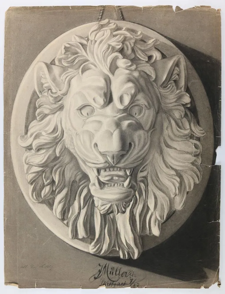 Lion's head. – Academic drawing of a round wall relief with lion's head