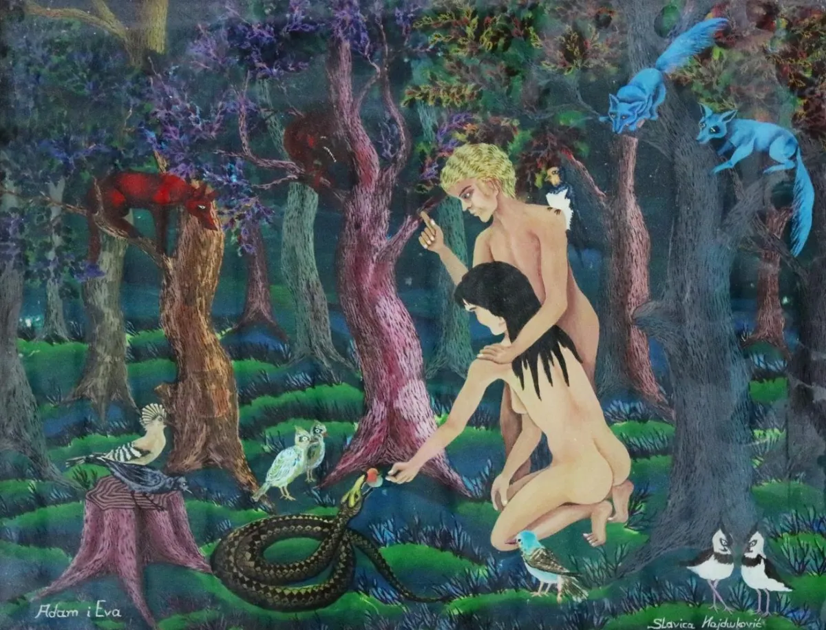 Adam i Eva. – Naive Hinterglasmalerei von Slavica Hajdwkovic um 1980