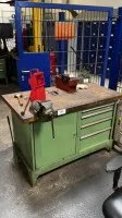 1 workbench Lokoma with lowering chassis, vice, lever shears and assembly trestle