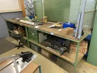 2 work tables with a total of 1 swivel work stool and 1 drawer cabinet