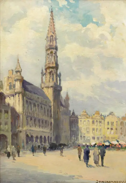 Crombrugge, Jean van (1890 Schaerbeek - 1956, actif à Bruxelles) – Grand-Place de Bruxelles avec l'hôtel de ville et sa tour