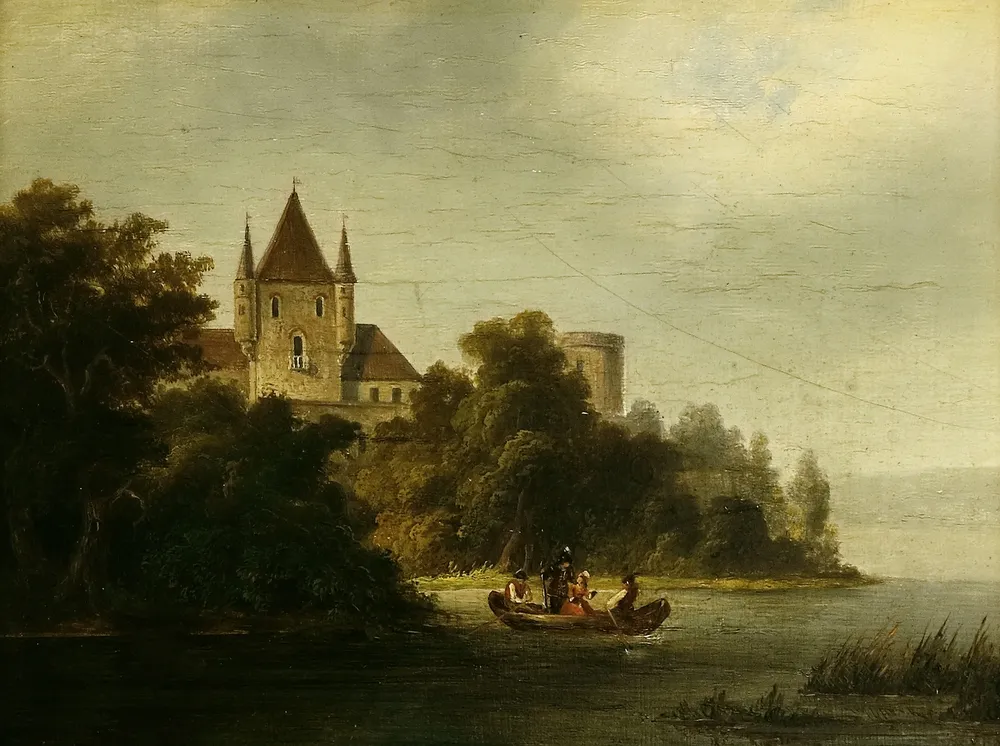 Faustner, Leonhard (1815 München - 1884 aldaar) – Burcht aan de oever met personen in een boot
