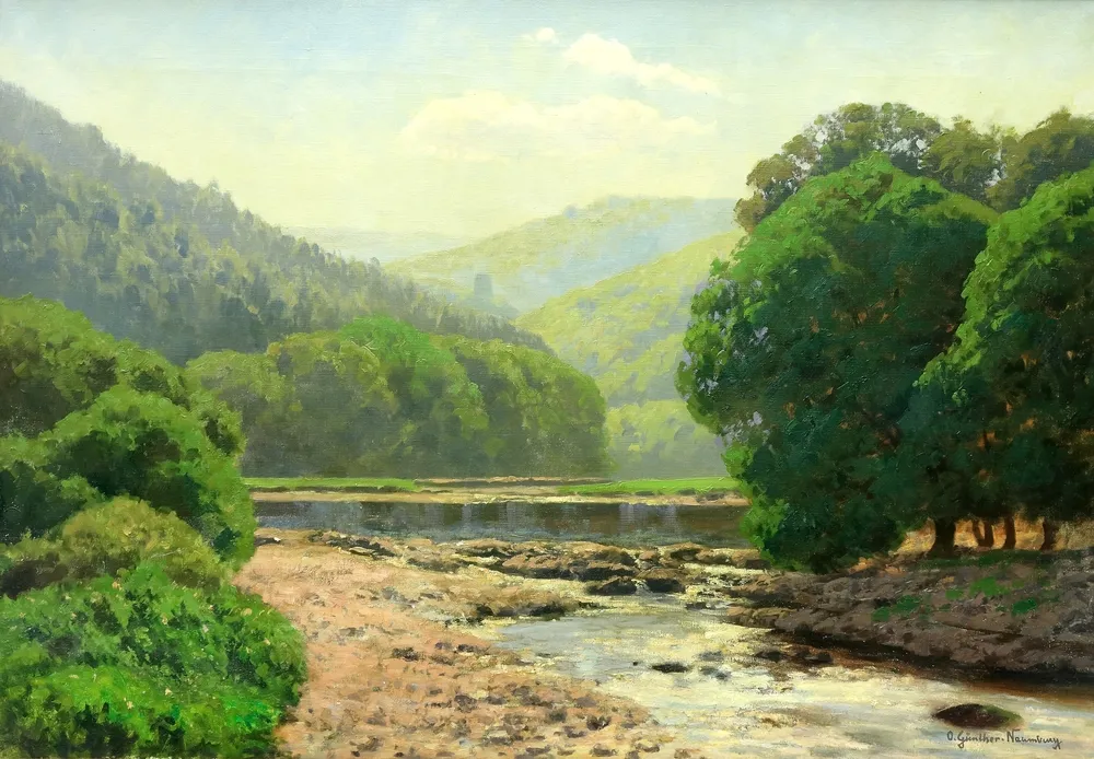 Günther-Naumburg, Otto (1856 Naumburg/Saale - 1941 Berlin) – Sommerlandschaft mit Hügeln und Fluss, wohl Thüringen