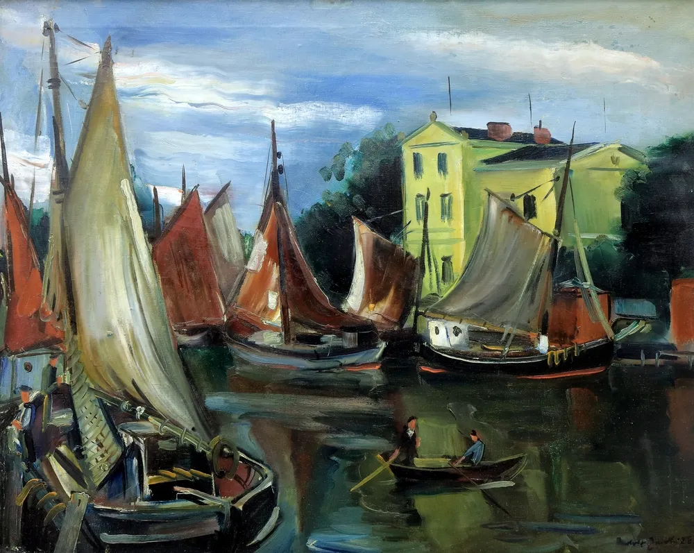 Jacobi, Rudolf (1889 Mühlhausen/Thüringen - 1972 München) – Am Hafen von Warnemünde, Rostock, mit zahlreichen Segelbooten