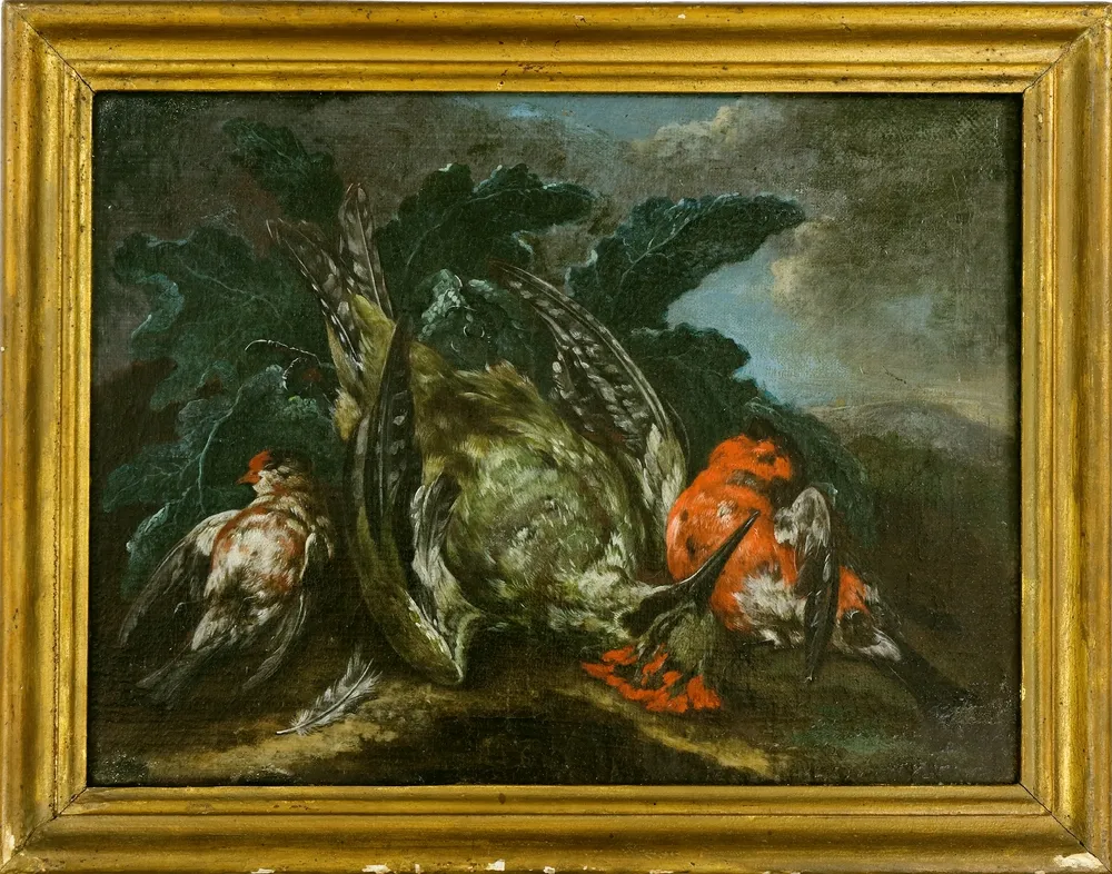 Jagdstillleben, Gegenstücke, Barock, 18. Jh. Zwei Gemälde, mit jeweils drei Vögeln in Landschaft