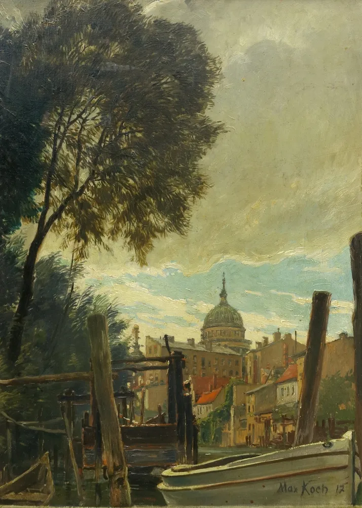 Koch, Max (1859 Berlín - 1930 Sacrow u Postupimi) – Pohled na Postupim - Die alte Fahrt s výhledem na Nikolaikirche (1917). Olej na dřevě