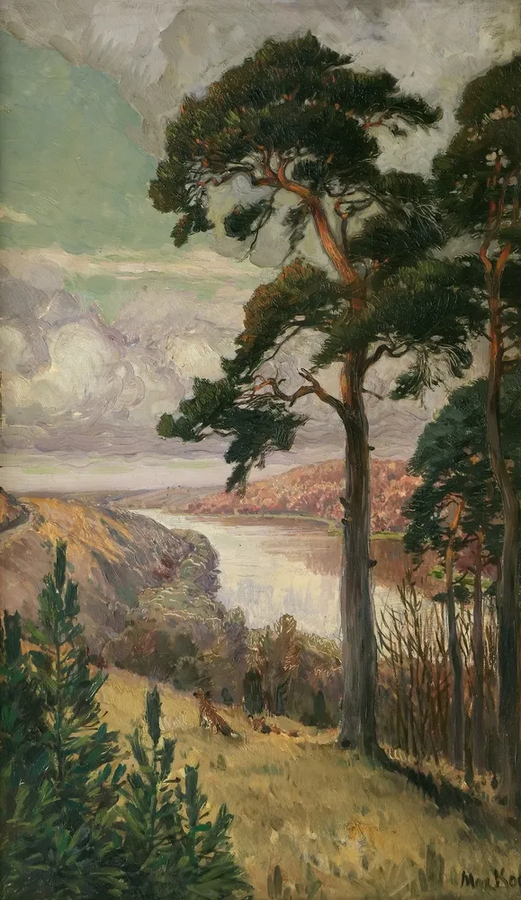 Koch, Max (1859 Berlin - 1930 Sacrow b. Potsdam) – Kiefern mit Füchslein bei Abendsonne