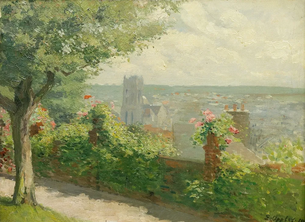 Oppler, Ernst (1867 Hannover - 1929 Berlijn) – Uitzicht vanaf het terras op de kathedraal van Dieppe, Frankrijk