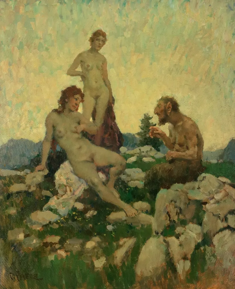 Paede, Paul (1868 Berlin - 1929 Munich) – Two nymphs and faun sitting on rocks at sunset (L'après-midi d'un faune). Oil…
