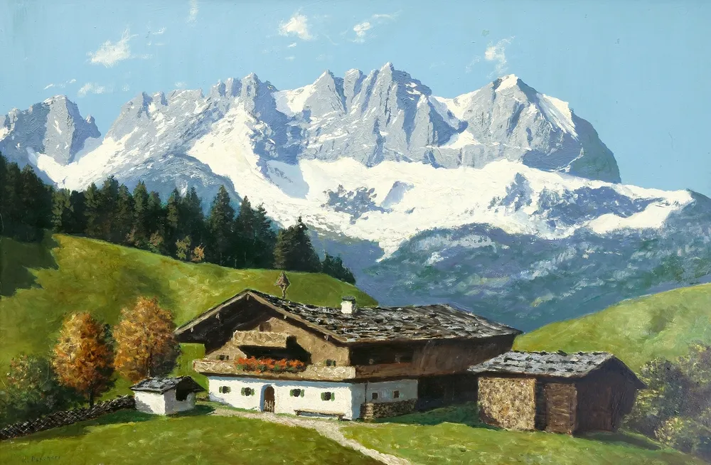 Pancheri, Karl (1906 Kitzbühel - 1974 ebd.) – Berghof mit Blick auf den "Wilden Kaiser". Öl auf Hartfaser