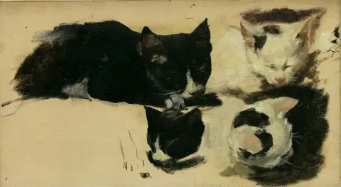 Pochwalski, Kasimir (1855 Cracovie - 1940 ibid.) – attribué. Études avec chats. Huile sur toile sur carton