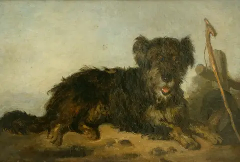 Rentzell, August von (1809 Marienwerder/Prusse-Occidentale - 1891 Berlin) – Chien couché. Huile sur carton