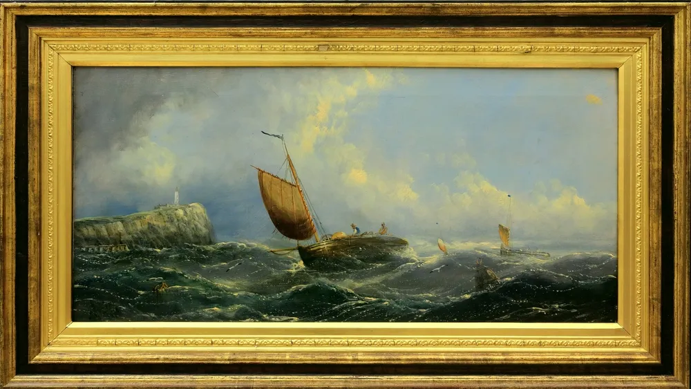 Robins, A. (Maler des 19. Jh.) – Küstenlandschaft mit Booten