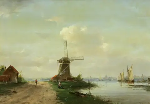 Stork, Jan (peintre des 19e/20e s.) – Uferlandschaft mit Windmühle, kleinen Segelbooten und Personenstaffage