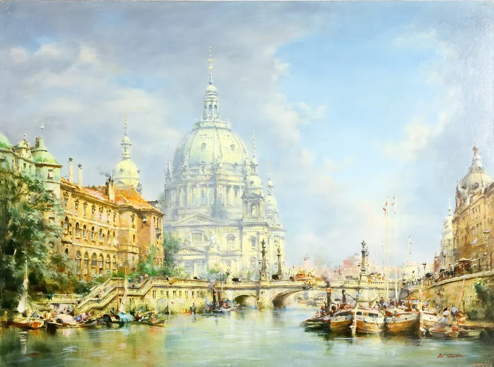 Tritt, Wolfgang (1913 Braunschweig - 1983 Berlin) – Berlin, Blick auf den Berliner Dom und die Spree, mit zahlreichen Booten am Ufer