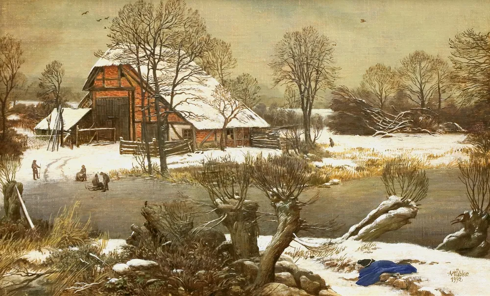 Tübke, Angelika (1935 Dessau, lebt in Dalliendorf) – Winterlandschaft mit alter Scheune